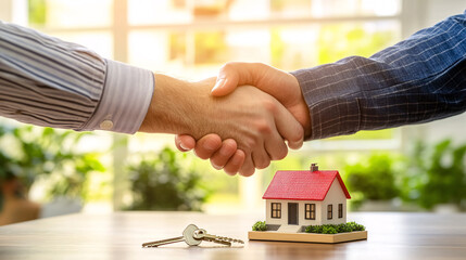 This image captures a property deal concept, with a handshake between seller and buyer, a miniature house, and a key on the table, symbolizing agreement and trust