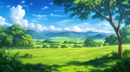 Lush Green Savanna Landscape with Vibrant Blue Sky and Scattered Clouds, Ideal for Nature and Scenic Backgrounds