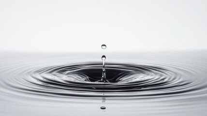 Water drop impact creating ripples calm surface high-resolution image minimalist style close-up nature concept