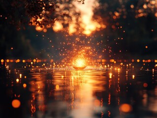 Fototapeta premium Ethereal Glow: Sparkling lights dance across water at twilight creating a magical scene