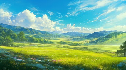 Lush Green Savanna Landscape with Rolling Hills and Bright Blue Sky in an Anime Style Illustration, Capturing Nature's Tranquility and Beauty