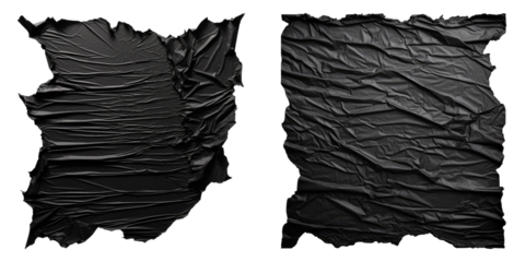 Black damaged rippled torn paper isolated on transparent background, PNG, Set of