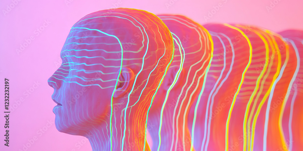 Poster overlapping translucent heads with linear patterns
