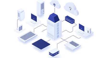 A cloud network seamlessly integrated with IoT devices, showing real-time data flow between cloud servers and connected smart devices