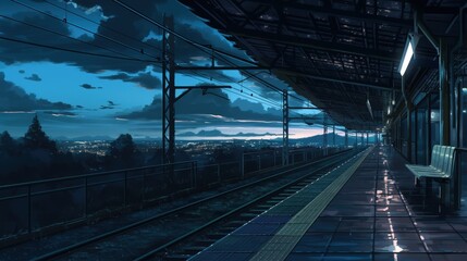 Night at the Terminal Station with Calm Atmosphere, Smooth Tracks, Scenic View and Cloudy Sky, Awaiting a Train Arrival in Tranquil Setting
