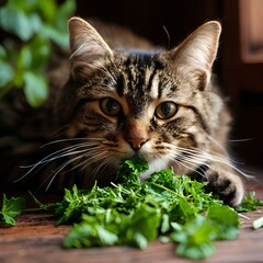 cute striped kind cat eats catnip. cat happiness.