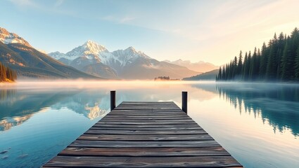 Naklejka premium On The Wooden Jetty at the Serene Mountain Lake. Ideal for desktop wallpaper or background.