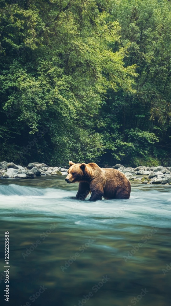 Poster brown bear standing majestically in a river, surrounded by a lush forest, creating a tranquil and ca