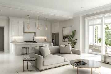 Fototapeta premium A 3D depiction of a gray armchair placed in a bright white living room, offering plenty of space for a mockup.