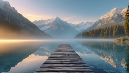 On The Wooden Jetty at the Serene Mountain Lake. Ideal for desktop wallpaper or background.