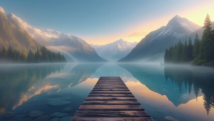 On The Wooden Jetty at the Serene Mountain Lake. Ideal for desktop wallpaper or background.