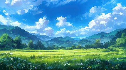 Lush Green Meadow Under Bright Blue Sky with Fluffy Clouds in Anime Style, Ideal for Relaxation and Inspiration in Various Creative Projects