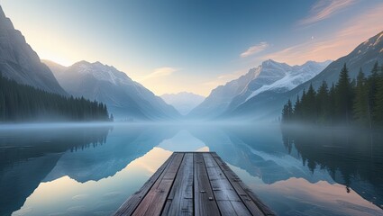 On The Wooden Jetty at the Serene Mountain Lake. Ideal for desktop wallpaper or background.