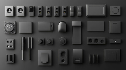 Electric sockets and switches on wall. Vector realistic set of 3d different types toggles and outlet for chinese, european and russian plugs, adapter connectors. Black plastic house supplies