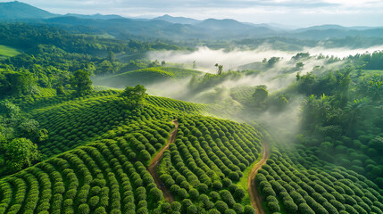 Aerial view of a vast Robusta coffee plantation.