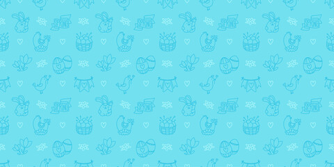 Easter hand-drawn doodle seamless pattern. Cute monochrome spring symbols chickens, rabbits, eggs and flowers