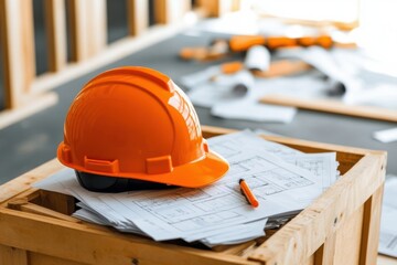 Bright Orange Safety Helmet on Construction Plans at Work Site