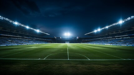 Nighttime view of a well-lit soccer stadium with empty stands and a vibrant green field
