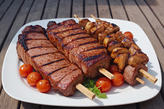 Gourmet Barbecue Platter Close-up - Professional Food Photography of Grilled Beef and Chicken Skewers with Cherry Tomatoes