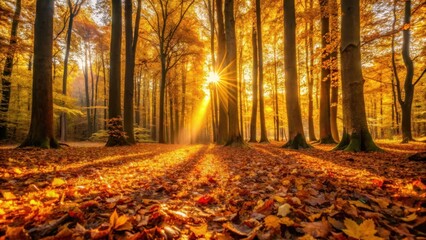 Softly filtering sunlight casts warm golden light on fallen leaves covering forest floor, with trees standing tall in autumnal hues , golden leaves, warm lighting