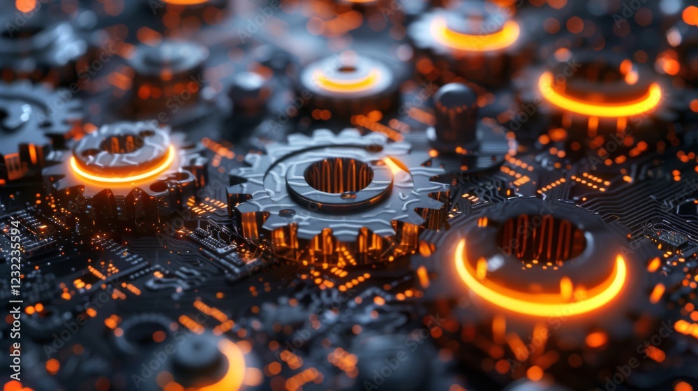 Fototapete complex gears and circuits glow with orange accents, highlighting a blend of mechanical and electron