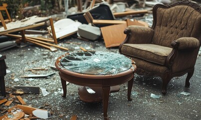 Shattered glass tabletop, damaged furniture, debris.