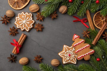 A Festive Arrangement of Christmas Cookies, Spices, and Evergreens on a Dark Background