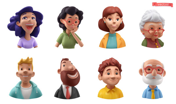 Cartoon character face 3d avatar icon set