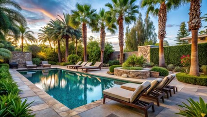 Poolside Oasis with Luxurious Loungers and Lush Landscaping, Palm Trees, and Natural Stone Features, pool, lush