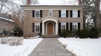 Winter beauty showcases a colonial house front door, framed by snow-covered bushes and a serene arched window above