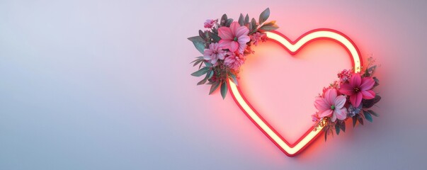 A vibrant neon heart adorned with colorful flowers creates a warm and inviting atmosphere, perfect for expressing love and affection in any space.