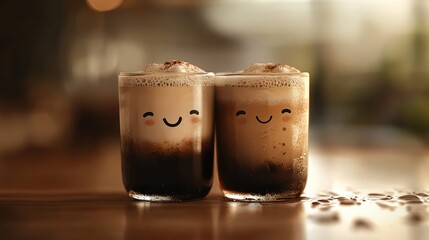 cute watercolor two cartoon coffee cups of latte hugging, kawaii. Free copy space