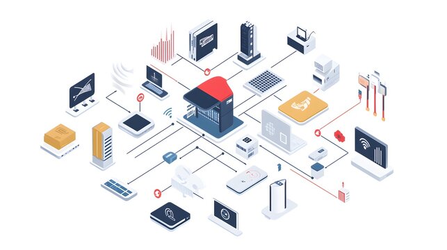 A digital blueprint of universal IoT standards, showing protocols, communication methods, and certifications that unify a global network of devices