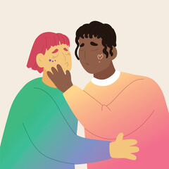 Colorful Valentine's Day gender-diverse cute couples. Hand drawn LGBTQ concept in modern flat vector illustration style.