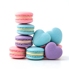 Obraz premium A stack of colorful macarons, including round and heart-shaped ones, against a clean white background