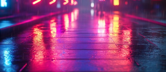 Fototapeta premium Vibrant neon reflections on a wet sidewalk in a bustling city at night creating a moody atmosphere
