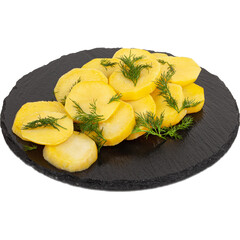 Slices of boiled potatoes with dill on a plate on a white background
