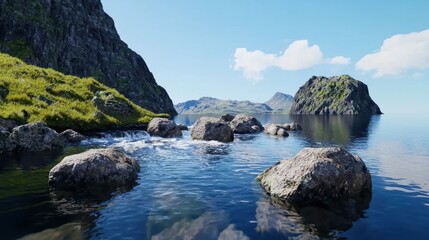 Rocky Seashore Landscape with Calm Water and Mountains