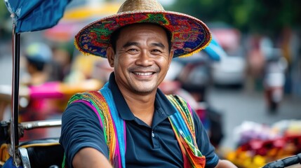 Smiling Man in Colorful Hat, Southeast Asian Street Scene