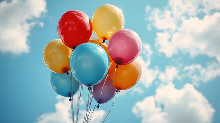 A bunch of colorful balloons floating in the sky. The balloons are of different colors, including red, yellow, and blue. The sky is clear and blue, providing a bright