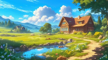 Tranquil Country House Surrounded by Lush Nature Under a Clear Sunny Sky with Scenic Views of Hills and Colorful Flowers