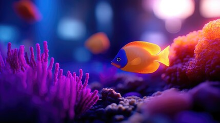 Vibrant Reef: An Orange Angelfish Among Purple Coral
