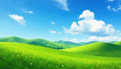 Obraz premium Rolling hills, clear blue sky, scattered cumulus clouds , field, day