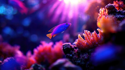 Vibrant Underwater Paradise: A Single Blue Fish Among Coral Reef