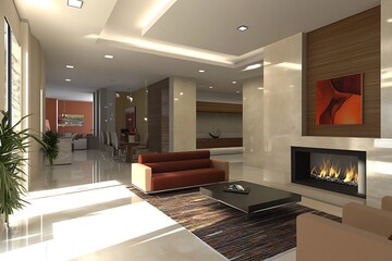 A 3D illustration of a stylish living space characterized by minimalist interior elements.