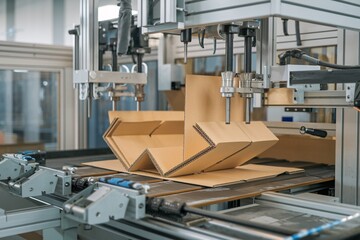 Naklejka premium Modern industrial robotic system assembling cardboard boxes in a manufacturing facility, showing mechanical arms and stacked corrugated cardboard sheets on production line.