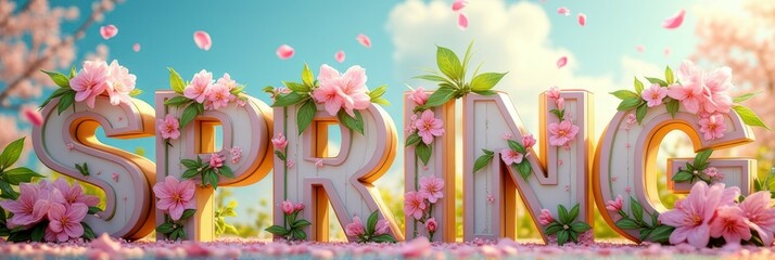 Vibrant spring flowers adorn large 3d letters under a clear blue sky