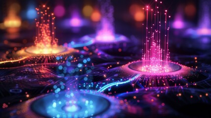 Colorful light formations rise from a dark electronic surface, resembling a night scene filled with glowing orbs and artistic patterns, evoking a sense of motion and energy.