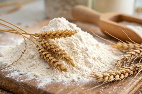 A mound of freshly milled wheat flour sits on a wooden board, adorned with golden wheat stalks, suggesting the origins and process of making bread