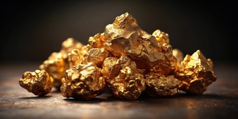 Richly colored golden ore nugget cluster on a dark background, shiny, nuggets,  shiny, nuggets, close-up, minerals